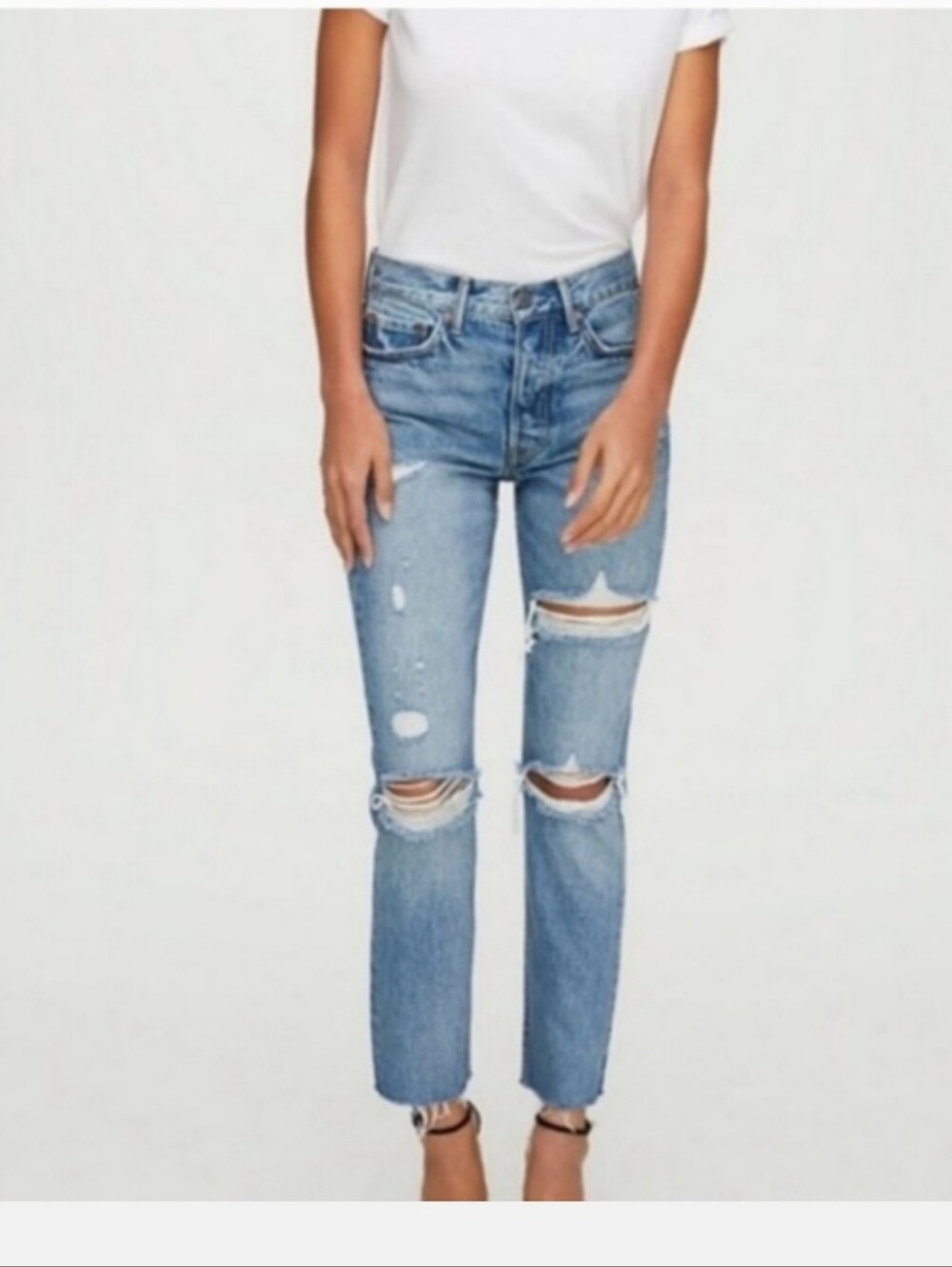 GRLFRND Karolina  Distressed Straight-Leg Jeans High Rise Light Wash